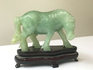 Chinese Green Stone Horse Figure Wooden Stand 2