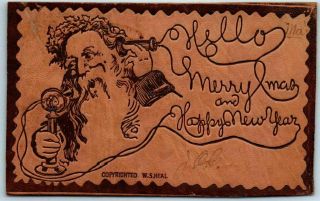 Rare Christmas Santa Claus Leather Postcard " Hello " On Phone - 1906 Cancel - - K915
