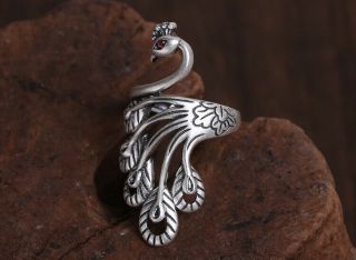 Collect S990 Pure Silver Ornament Carve Peacock Delicate Girl Adjustable Ring