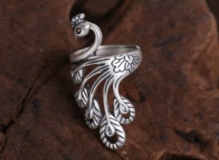 Collect S990 Pure Silver Ornament Carve Peacock Delicate Girl Adjustable Ring 2