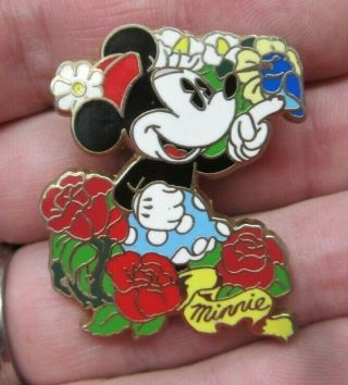 Rare Disney Minnie Mouse Pin - Wearing A Blue Polka Dotted Skirt In Garden - 1.  5 "