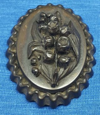 Antique Victorian Carved Black Floral Mourning Brooch & Pin