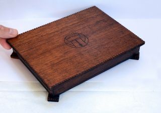 Delightful Vintage Wooden Medal Box With Carved Football Symbol On Hinged Lid