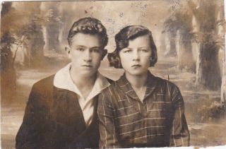 1937 Lovely Young Couple Handsome Young Man Pretty Woman Russian Antique Photo