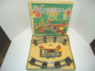 Vtg Cinderella Railcar Toy Disney Gus & Jaq Wind Up Handcar Tin Toy Box Rare