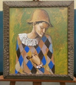 Rare Pablo Picasso Harlequin Oil Painting On Canvas Signed & Framed