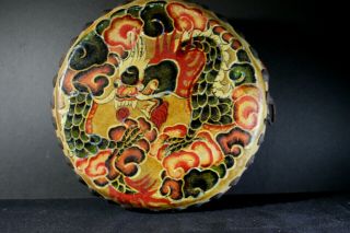 Rare - Late 19th Century Drum Painted With Dragon And Phoenix Bird