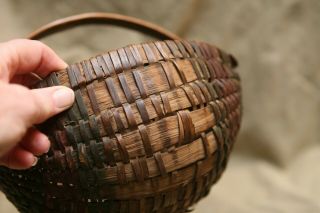 Antique 19th C Hand Woven Sm Gathering Basket Paint Remnants Melon Style Berry 2
