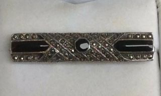 Vintage Art Deco Sterling Silver 925 Black Onyx Marcasite Bar Pin 2 Inches Long.