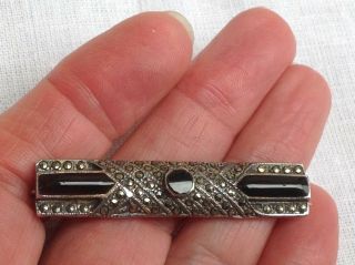 Vintage Art Deco Sterling Silver 925 Black Onyx Marcasite Bar Pin 2 Inches Long. 2