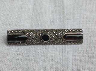 Vintage Art Deco Sterling Silver 925 Black Onyx Marcasite Bar Pin 2 Inches Long. 3