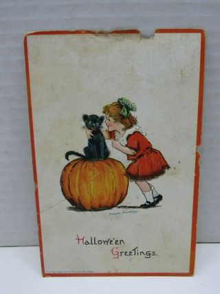 Frances Brundage Halloween Greetings Antique Postcard Vintage Post Card Girl Cat