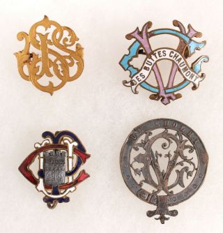 4 Rare Antique 19th Century Des Buttes Chaumont Bicycle Club Enamel Hat Pins Nr