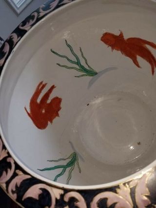 Large Old Rare Chinese Porcelain Famille Rose Fish Bowl / Vase 2