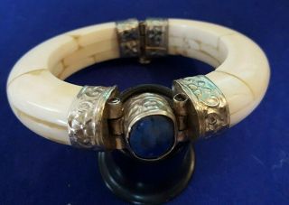 Antique Vintage Bone W/blue Stone Sterling Silver Bangle Tribal Hinged Bracelet