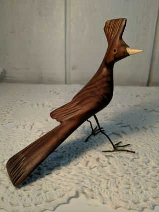 Vintage Folk Art Wooden Roadrunner Bird Hand Carved Wood Figure Sculpture