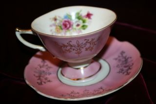 Antique Footed Pink W Roses Gold Tea Cup And Saucer Rare Made In Japan Dainty