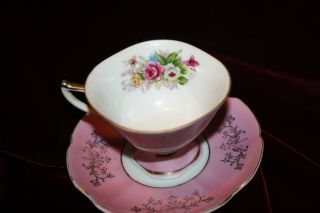 Antique Footed PINK w Roses Gold Tea Cup and Saucer Rare Made in Japan Dainty 2