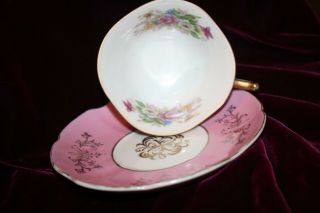 Antique Footed PINK w Roses Gold Tea Cup and Saucer Rare Made in Japan Dainty 3