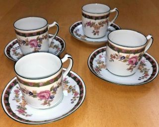 Habsburg Set Of Four (4) English Tea Footed Tea Cups & Saucers W/ Floral Design