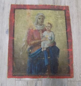 Antique 19thc Ukrainian Two - Sided Icons On Homespun Flax Fabric 40x50cm Rare