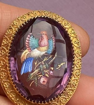 Rare Hallmarked French 18k Gold Painted Carved Amethyst Paste Brooch