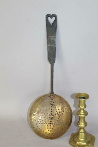 Very Rare 18th C Wrought Iron & Brass Dipper Heart Cut Handle And Inlaid Designs