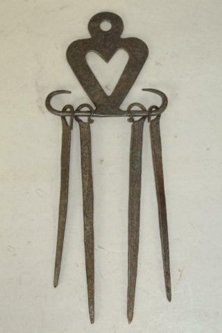 A Very Rare 18th C Wrought Iron Heart Cut Out Shaped And Decorated Skewer Holder