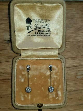 Rare Vintage Art Deco 18ct Gold & Diamond Daisy Drop Earrings In Antique Box
