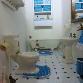 Vintage Dollhouse Miniature Bathroom Set - Dollhouse Bath Tub,  Toilet And Sink