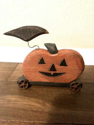 Primitive Halloween Decor Wood Rustic Folk Art Fall Pumpkin With Crow On Wheels