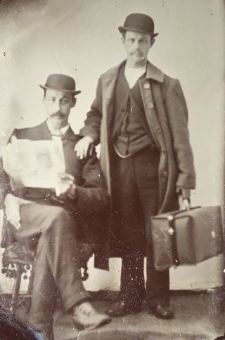 Antique American Two Gentleman On Holds Suitcase Portrait Tintype Photo