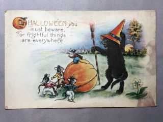 1923 Halloween Black Cat Mice Pumpkin Antique Postcard Whitney Made
