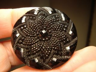 Antique Black Glass Lacy Design Large Button