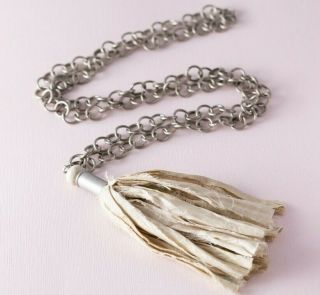 Recycled Sari Ribbon Tassel Shabby Chic Long Antiqued Silver Tone Chain Necklace
