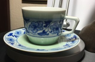 Vintage Tea Cup & Saucer Light Green With Blue & White Flowers Marking On Bottom