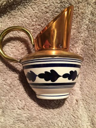 Antique Vintage Copper And Ceramic Tea Kettle Pot Blue & White Leaf Design