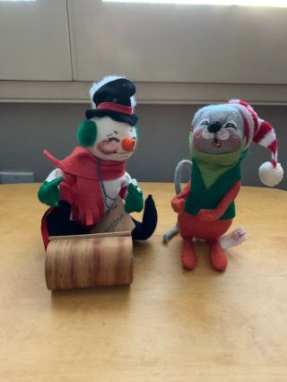 Vintage Annalee Christmas Mouse Caroler And Sledding Snowman Set Of 2