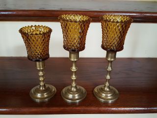 3 Vintage Amber Gold Diamond Point Votive Candle Holders With 3 Brass Holders