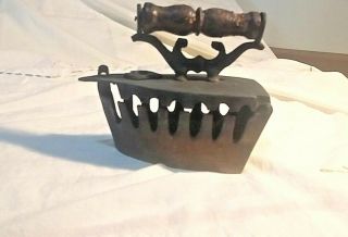 Antique Vintage Sad Iron Brass ? Wooden Handle Small 4 3/4 " Wide 4 " Tall Opens