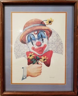 Vintage Clown Painting Art Print By Tom Wood 12 " X 16 " Glass Framed 1980s