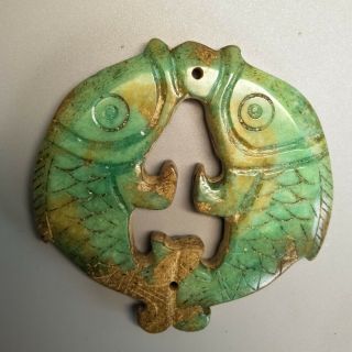 Exquisite Hand - Carved Old Jade Double Fish Pendant For Lucky &rich L203