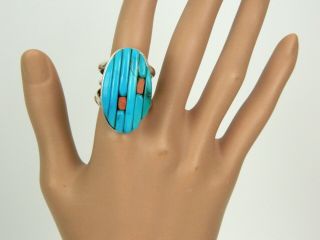 Rare Vintage Pete Sierra Navajo Turquoise & Coral Sterling Silver Ring Sz.  9.  25
