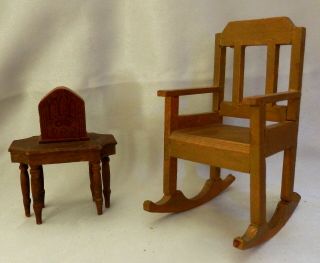 Vintage Wooden Doll House Rocking Chair And Table W/ Radio