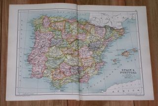 1909 Antique Map Of Spain And Portugal Barcelona Madrid Balearic Island