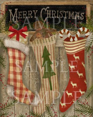 Primitive Merry Christmas Chalkboard Gingerbread Candy Cane Stockings Print 8x10