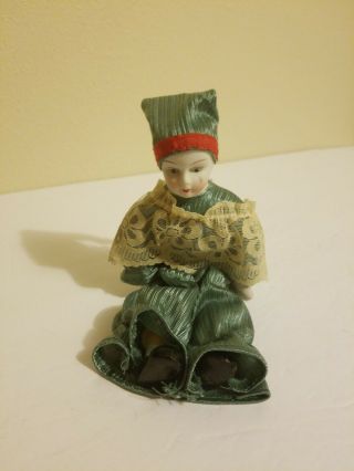 Vintage 8 " Doll Porcelain Harlequin Jester Clown Green With Tear Drop