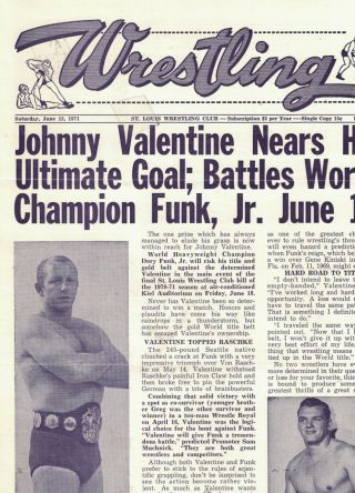 Rare St Louis Wrestling Program Jun18 1971 Nwa Title Funk,  Jr Vs Valentine