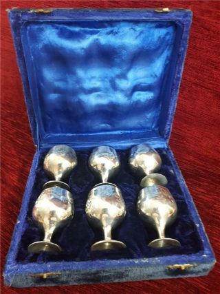 6 X Vintage Miniature Engraved Epns Wine Goblets / Shot Glasses In Velvet Case.