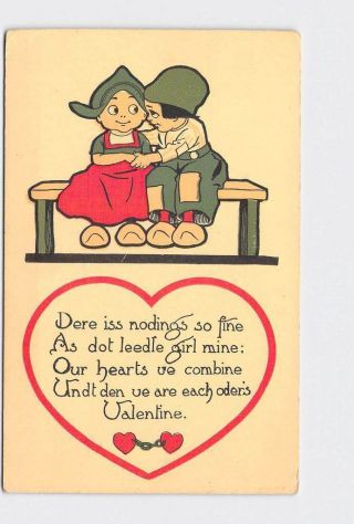 Antique Postcard Valentine Dutch Boy And Girl Snuggle On Bench Heart With Poem